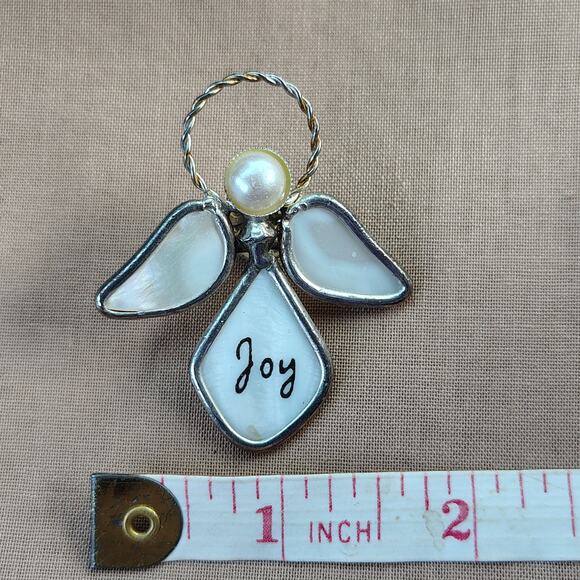 Joy Angel Lapel Pin Silver Tone and White Mother of Pearl - Picture 7 of 9